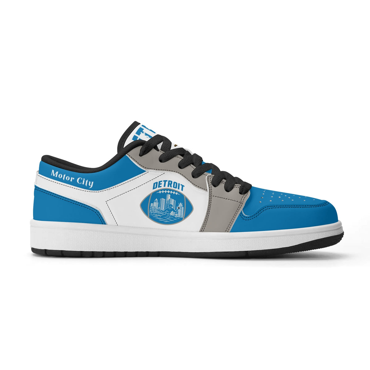 Detroit football Jamrock Low top sneakers in blue, white, gray with football badge with a player silhouette over the riverfront skyline