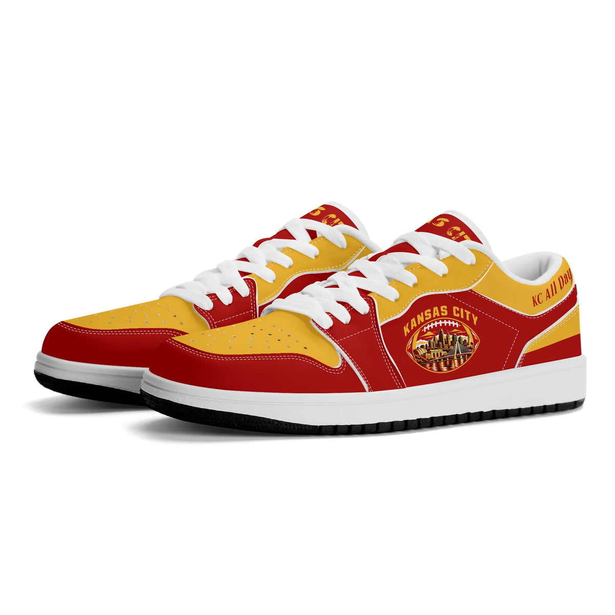 Kansas City football low tops in red and gold with a skyline football badge, three-quarter view, white laces