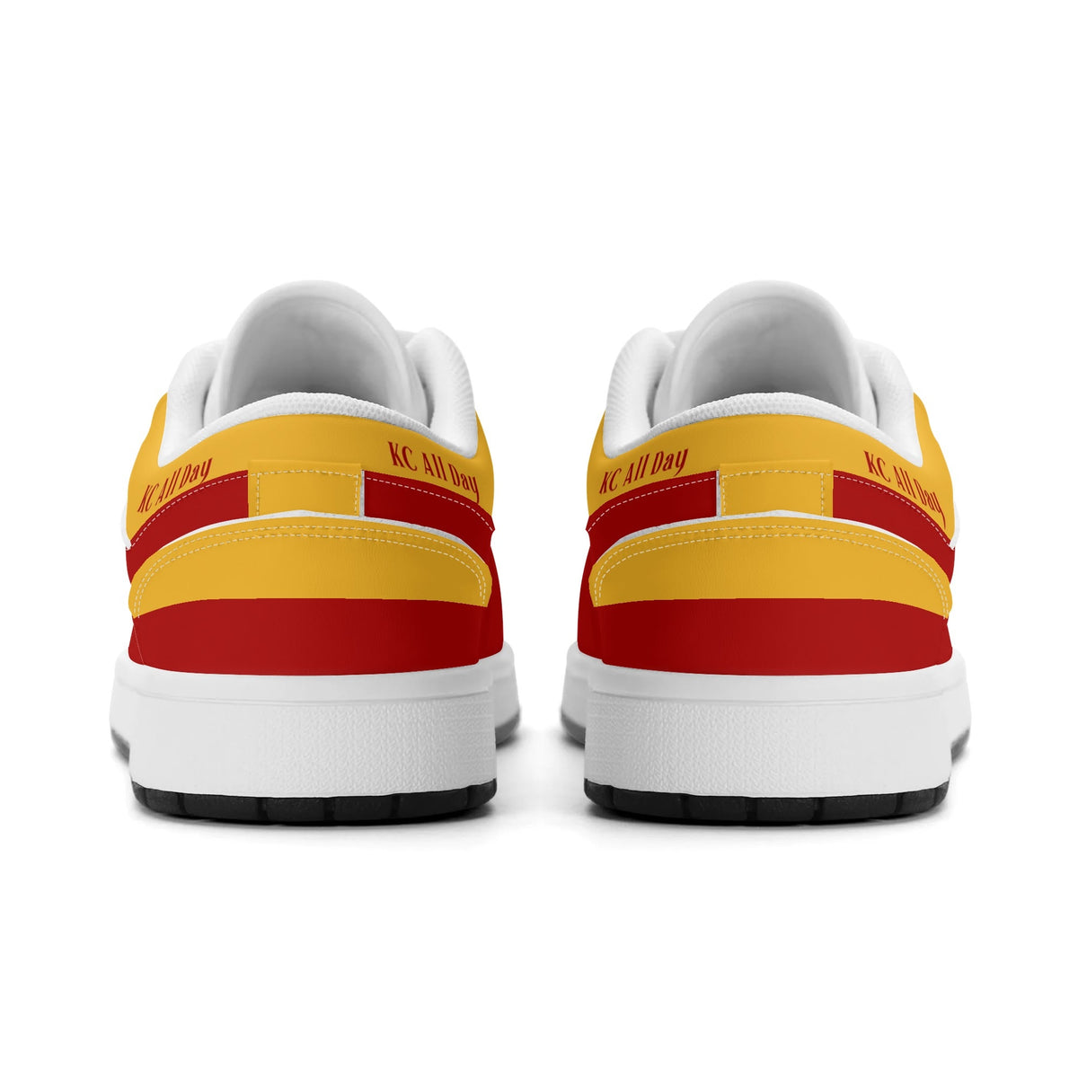 Heel view of Kansas City football low tops with red and gold heel stripes
