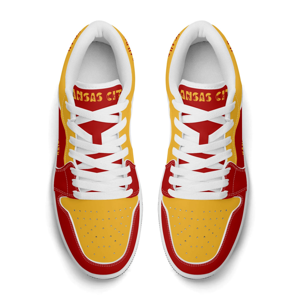Top view of Kansas City football low tops with Kansas City on the tongue and white laces