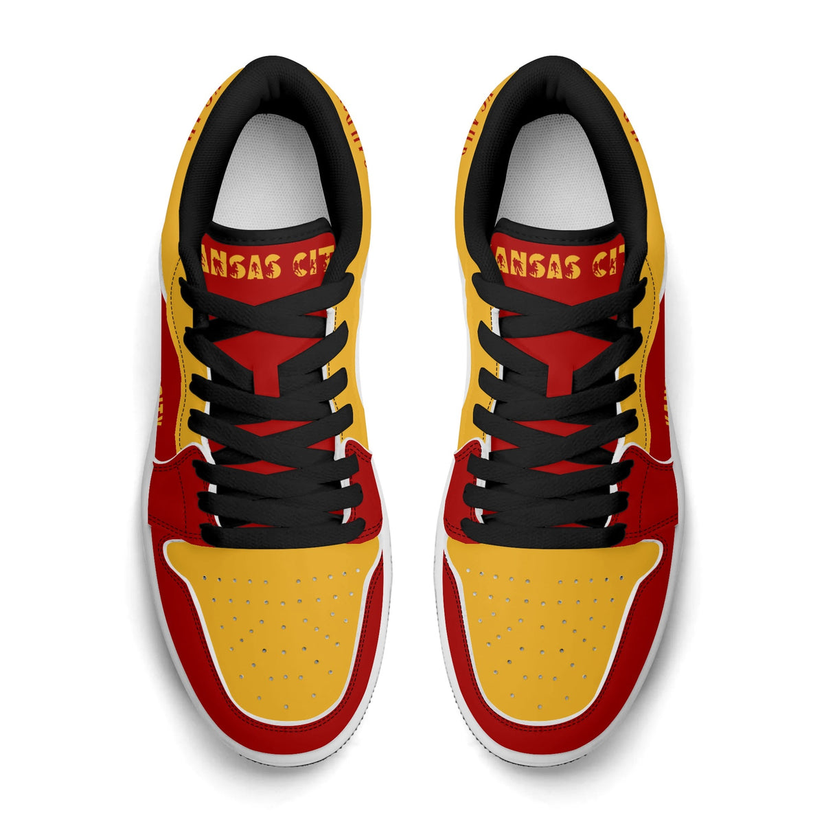 Top view of Kansas City football low tops with black laces and Kansas City on the tongue