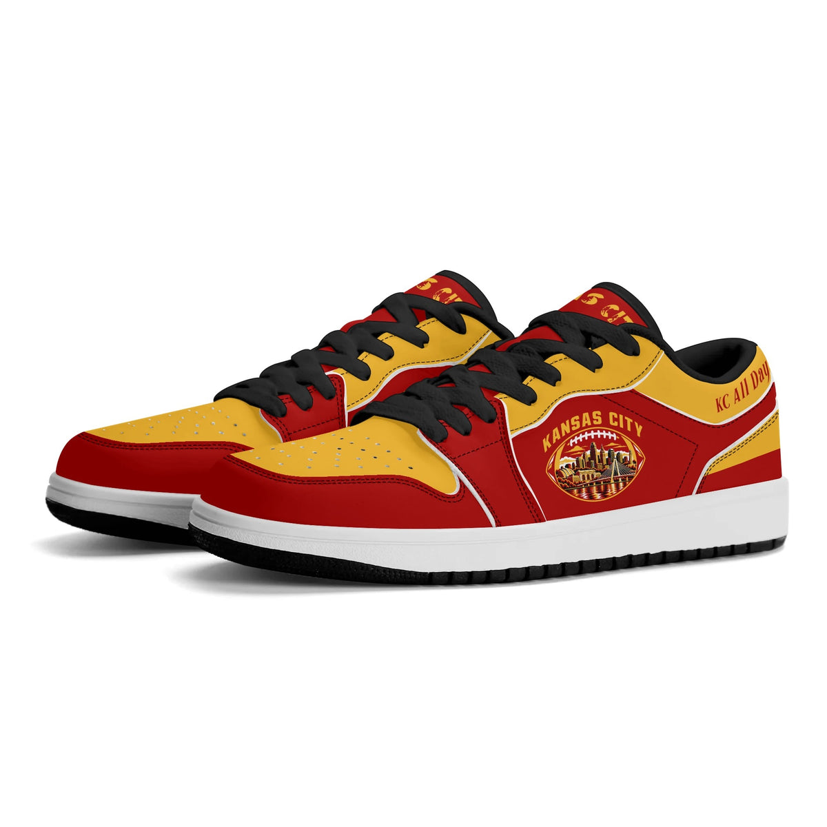 Kansas City football low tops in red and gold, three-quarter view with black laces and black lining