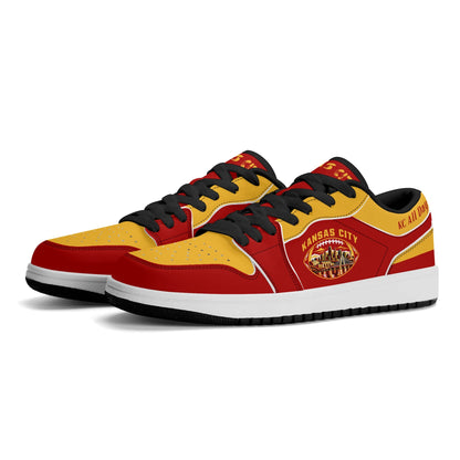 Kansas City football low tops in red and gold, three-quarter view with black laces and black lining