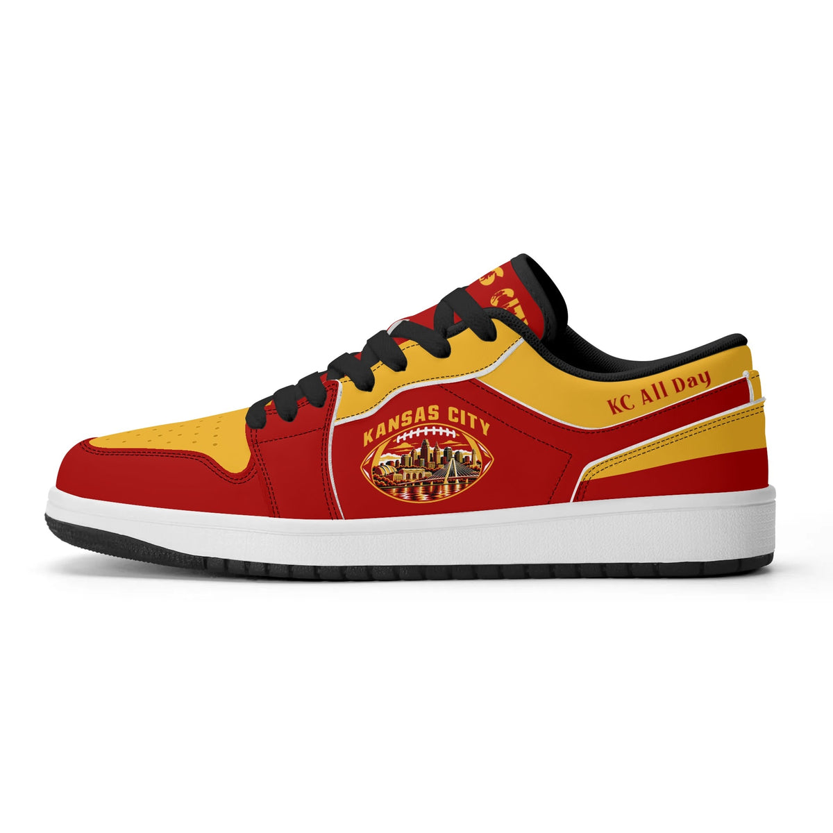 Side view of Kansas City football low tops with black laces