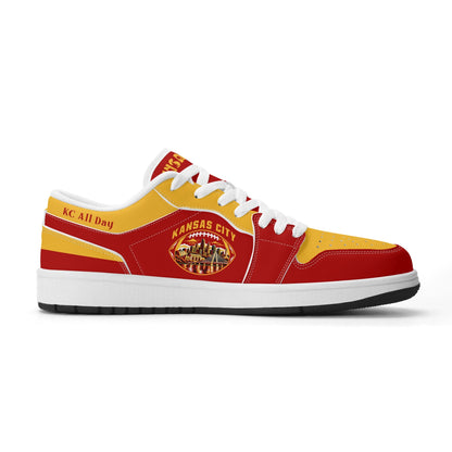 Opposite side of Kansas City football low tops with KC All Day script on the collar