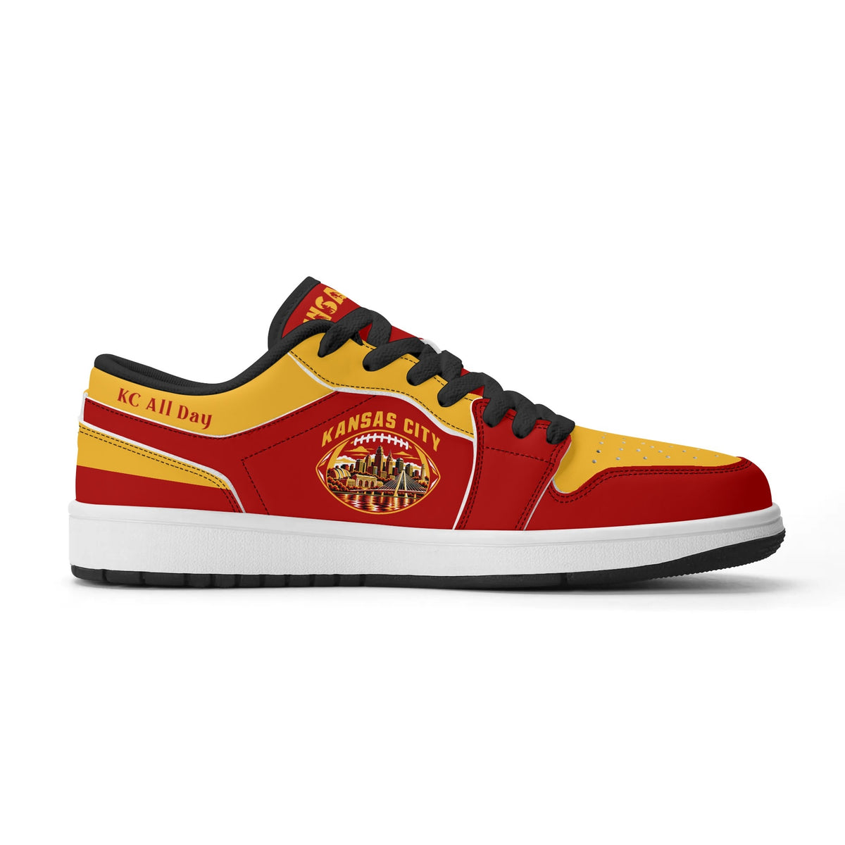 Opposite side of Kansas City football low tops with black laces and KC All Day script on the collar