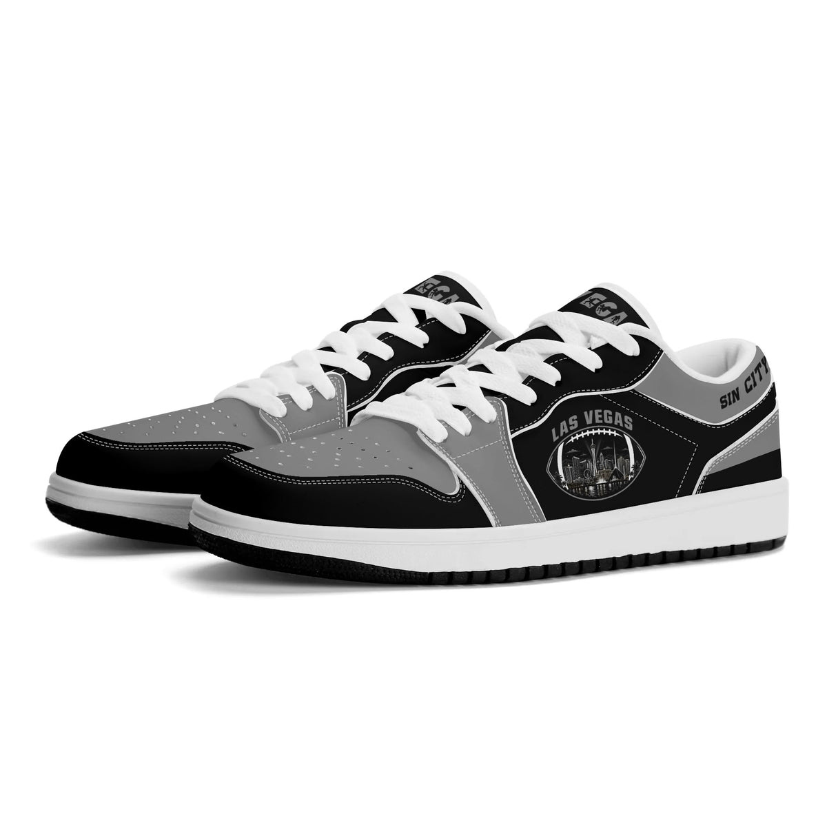 Las Vegas football low tops in black and gray with a night skyline football badge, three-quarter view, white laces