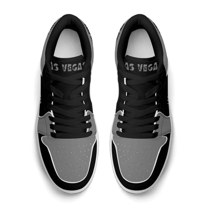 Top view of Las Vegas football low tops with black laces and Las Vegas on the tongue