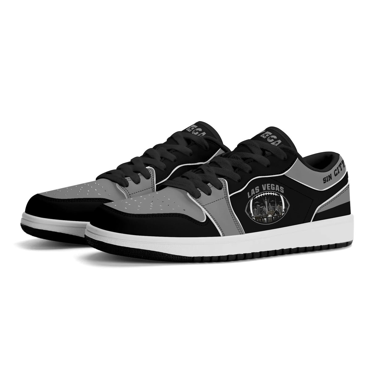 Las Vegas football low tops in black and gray, three-quarter view with black laces and black lining