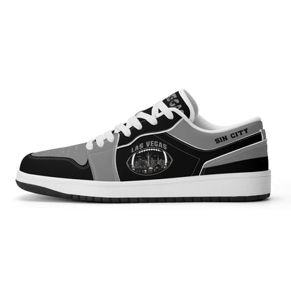 Side view of Las Vegas football low tops with a night skyline football badge, white laces