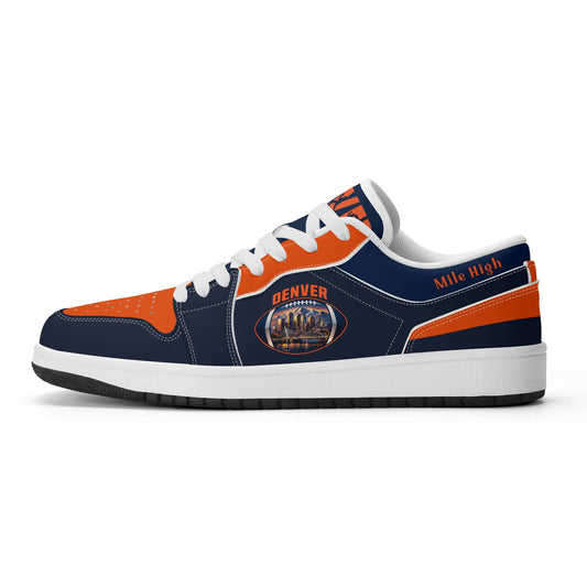 Side view of Denver football low tops with a skyline football badge, white laces
