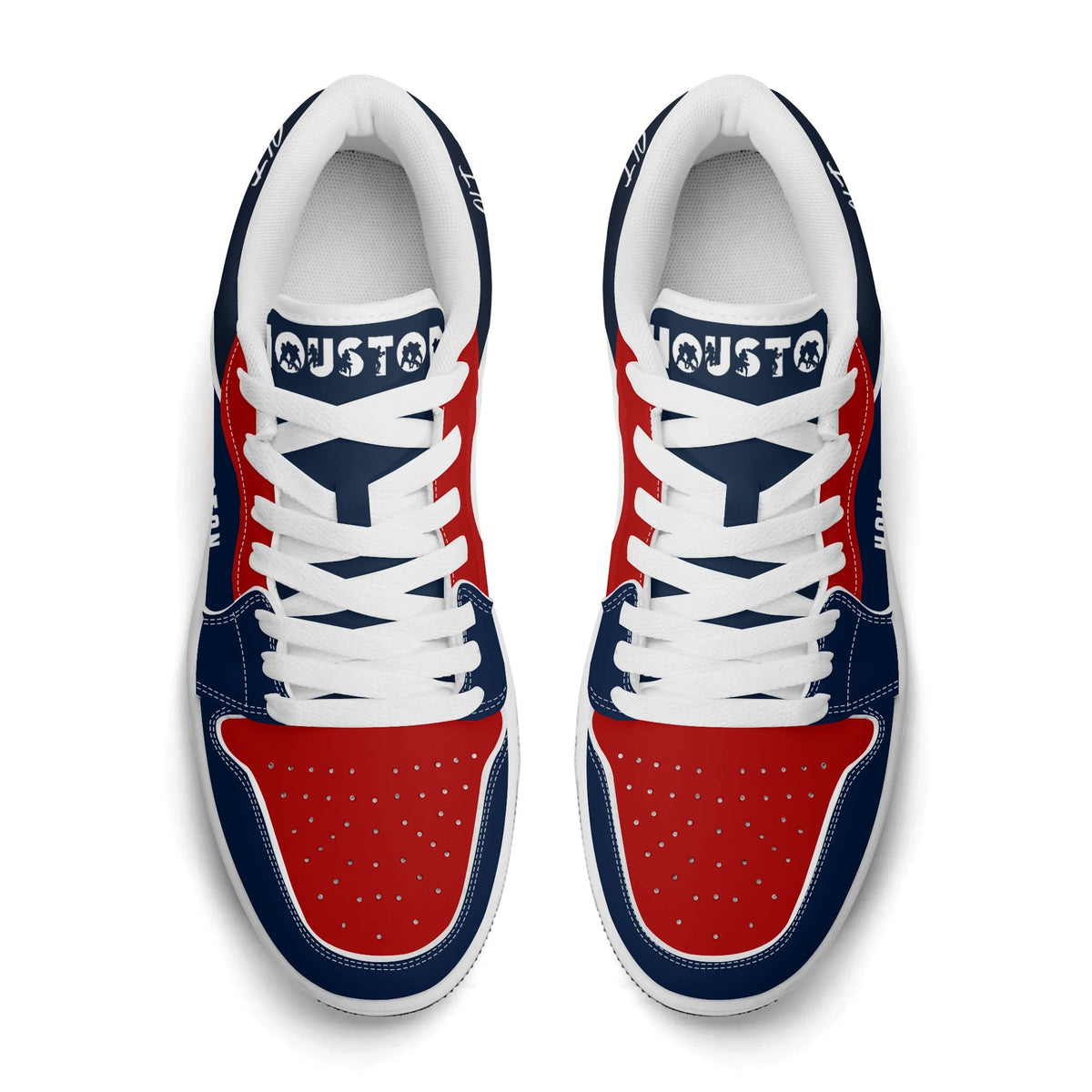 Top view of Houston football low tops with Houston on the tongue and white laces