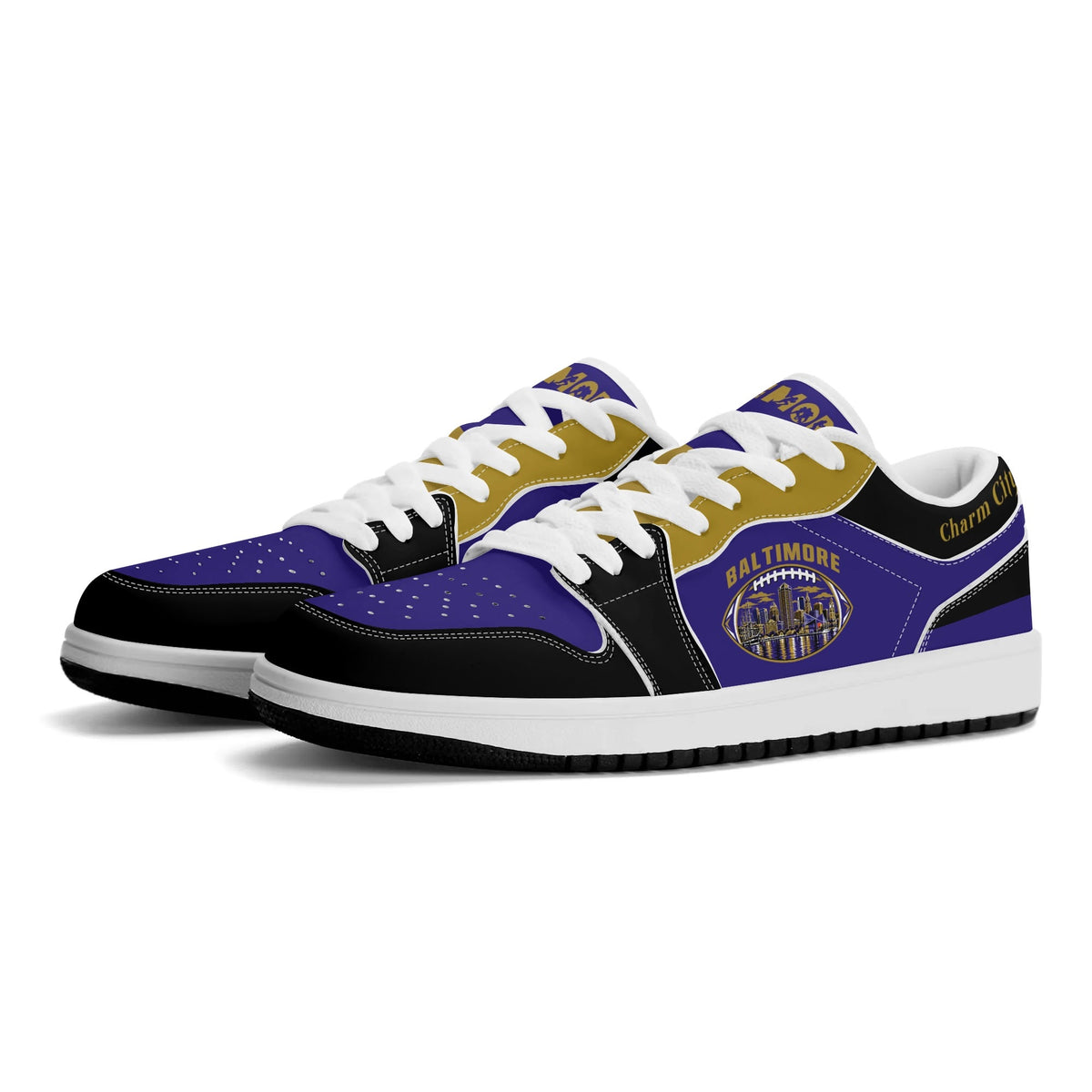 Baltimore football low tops in purple, black and gold with a skyline football badge, three-quarter view, white laces