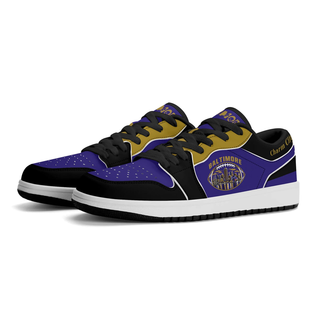 Baltimore football low tops in purple, black and gold, three-quarter view with black laces and black lining