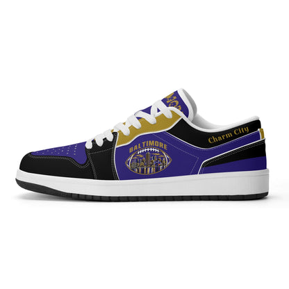 Side view of Baltimore football low tops with a skyline football badge, white laces