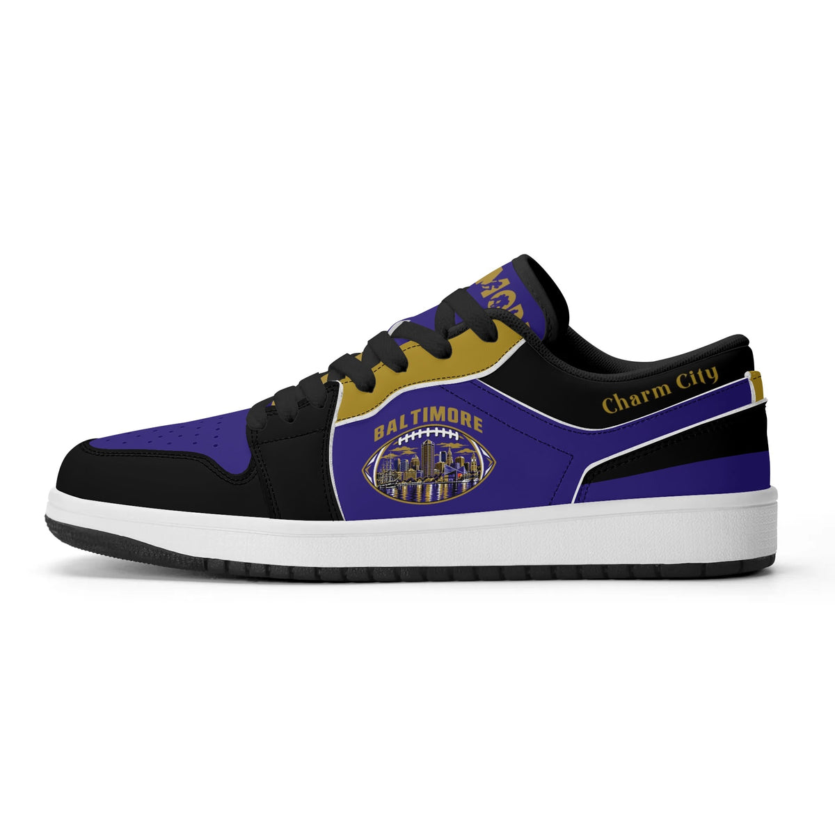 Side view of Baltimore football low tops with black laces