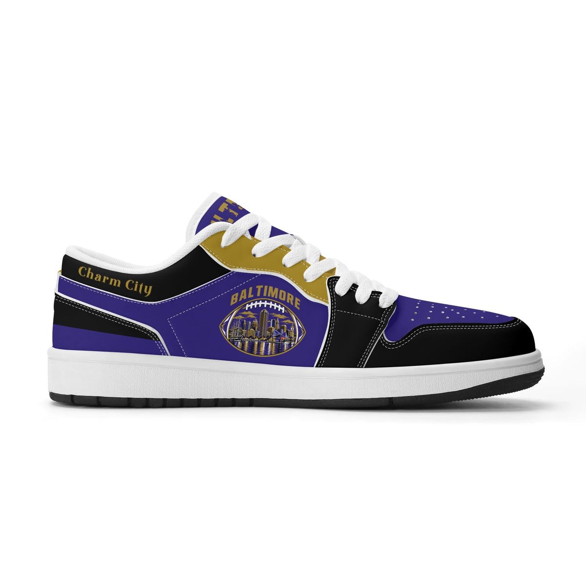 Opposite side of Baltimore football low tops with Charm City script on the collar