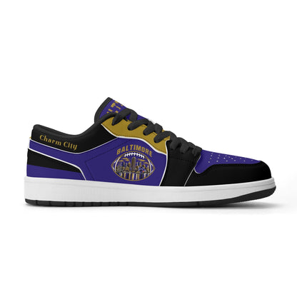 Opposite side of Baltimore football low tops with black laces and Charm City script on the collar