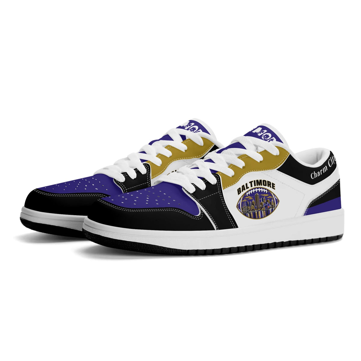 Baltimore football low tops in white, purple and black with a skyline football badge, three-quarter view, white laces