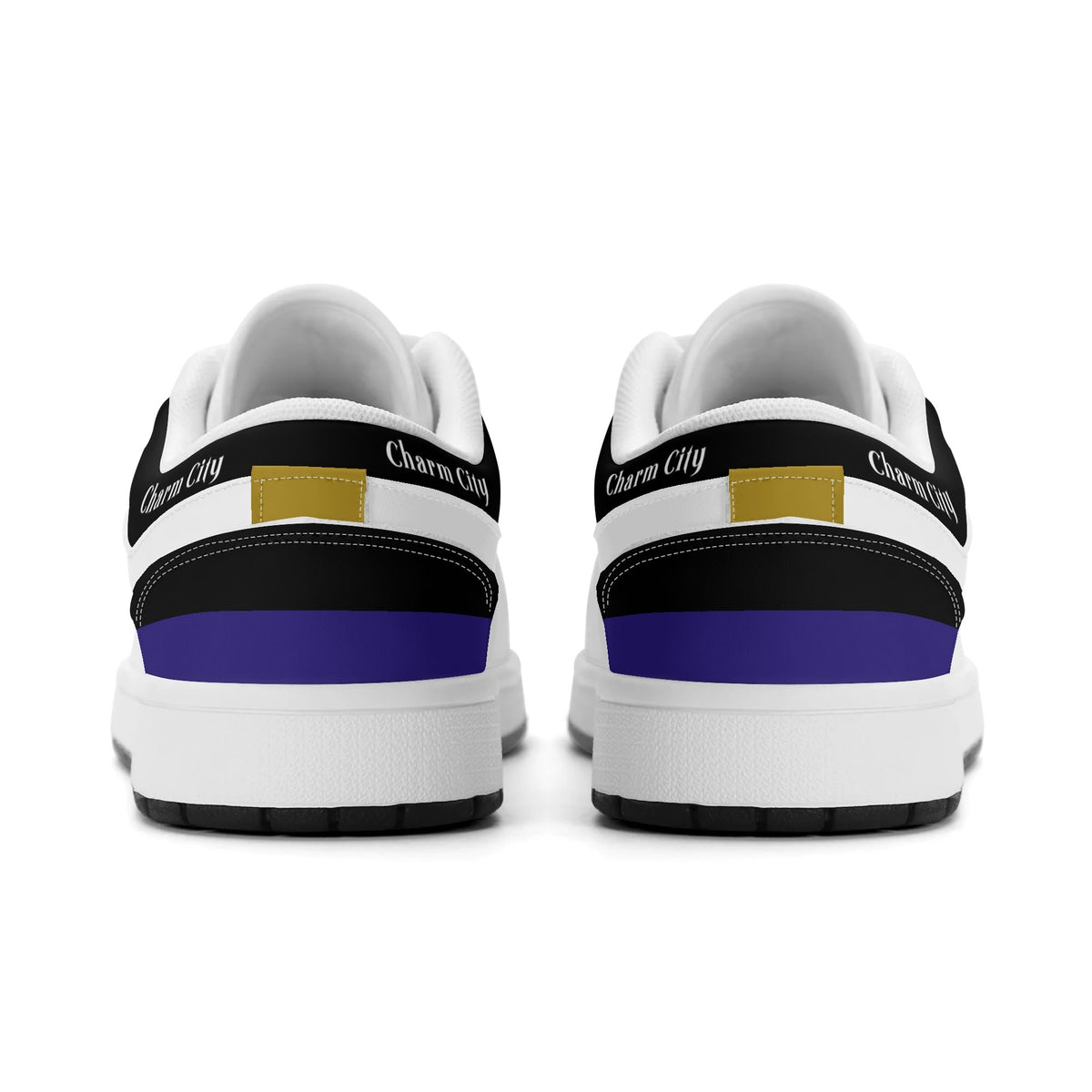 Heel view of Baltimore football low tops with purple and black heel stripes