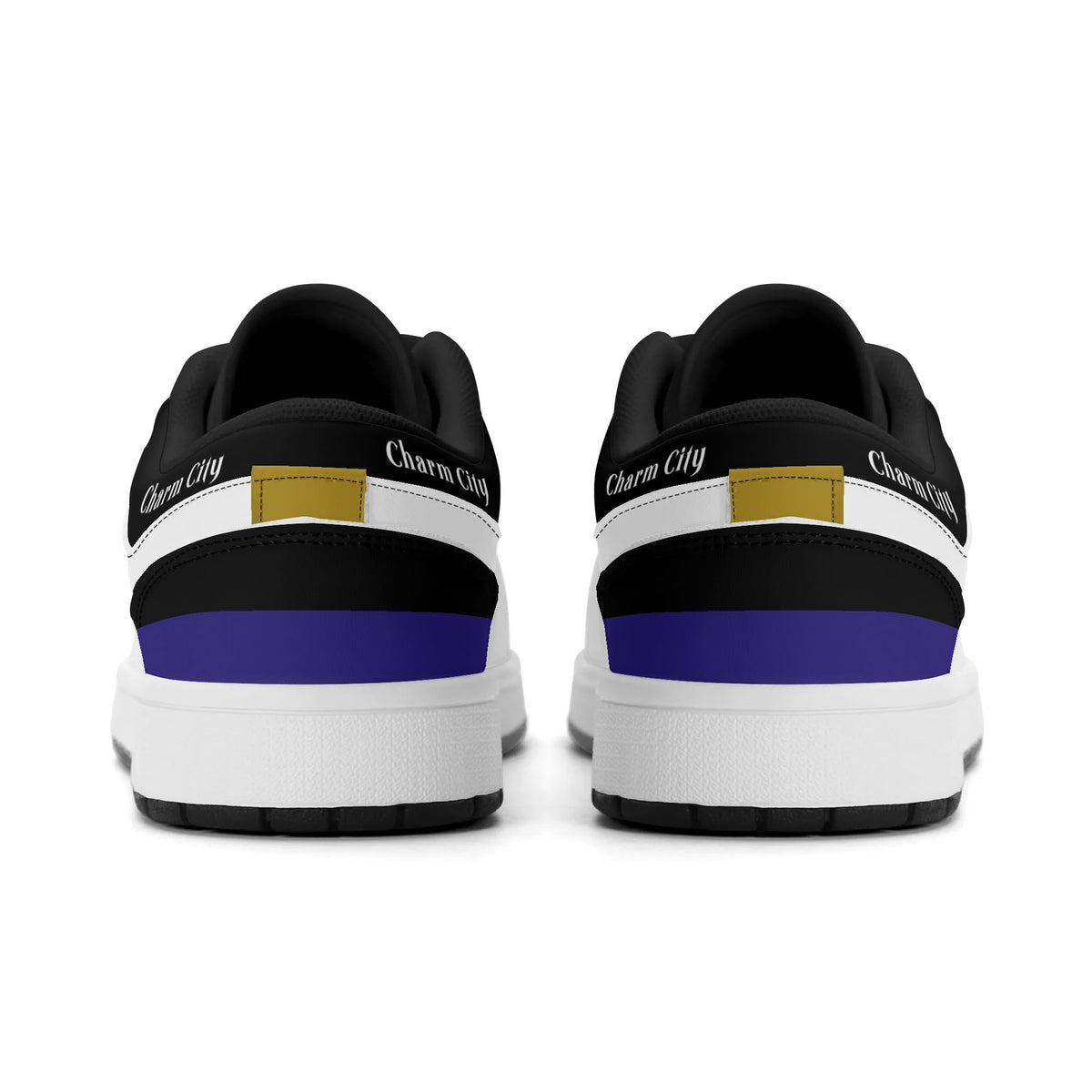 Heel view of Baltimore football low tops with black lining
