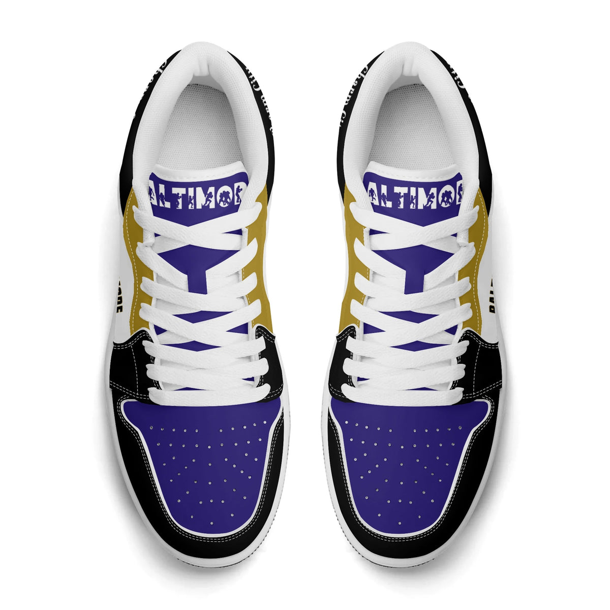 Top view of Baltimore football low tops with Baltimore on the tongue and white laces