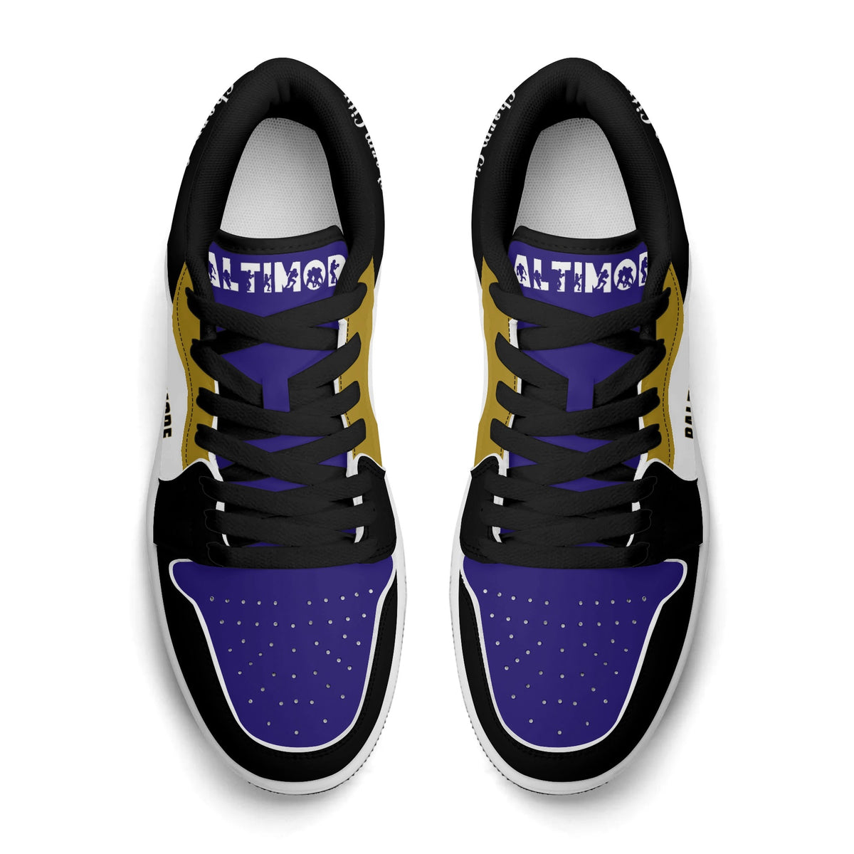 Top view of Baltimore football low tops with black laces and Baltimore on the tongue