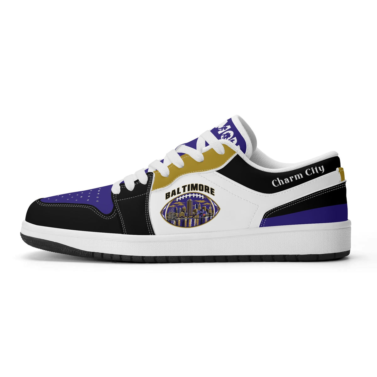 Side view of Baltimore football low tops with a skyline football badge, white laces
