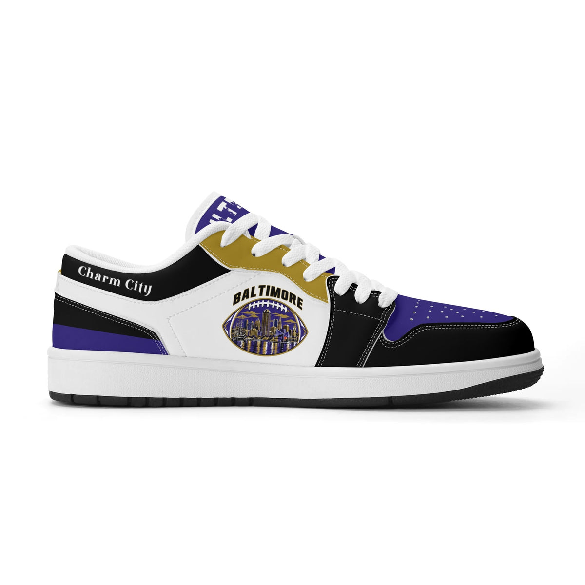 Opposite side of Baltimore football low tops with Charm City script on the collar