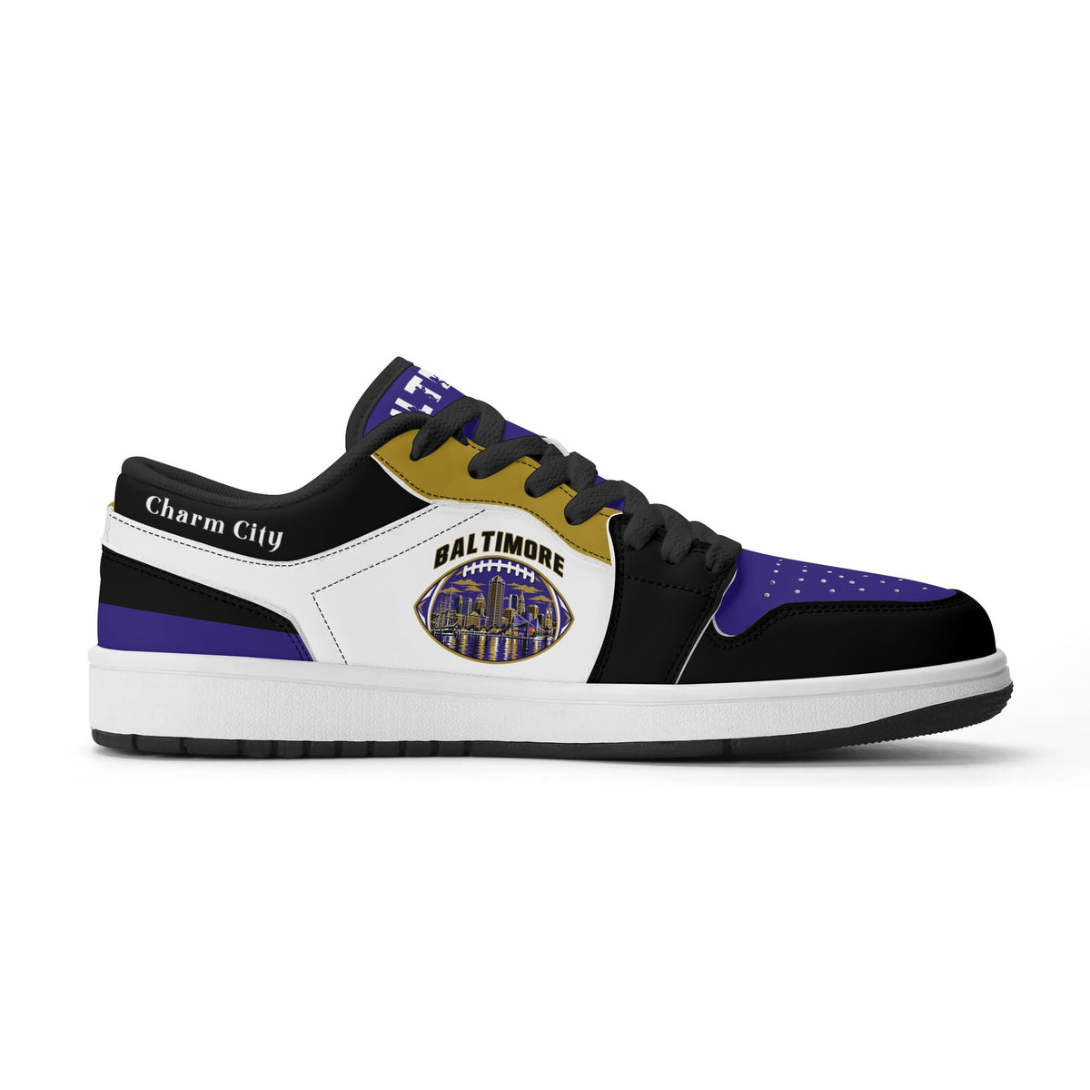 Opposite side of Baltimore football low tops with black laces and Charm City script on the collar