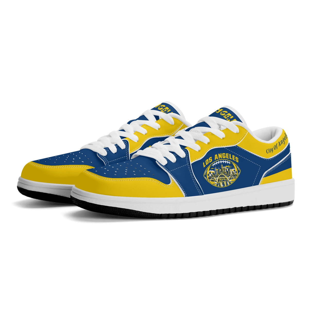 Los Angeles football low tops in royal blue and yellow with a skyline football badge, three-quarter view, white laces