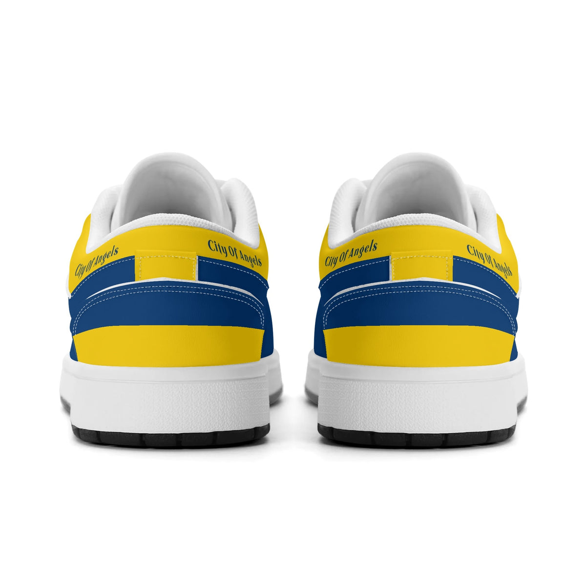 Heel view of Los Angeles football low tops with blue and yellow heel stripes