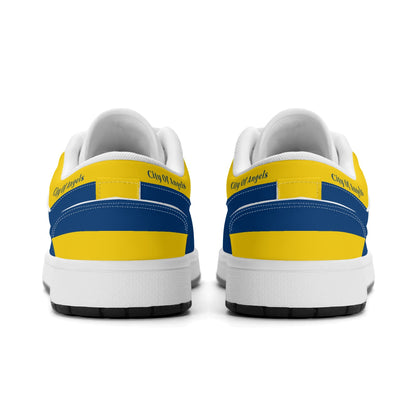 Heel view of Los Angeles football low tops with blue and yellow heel stripes