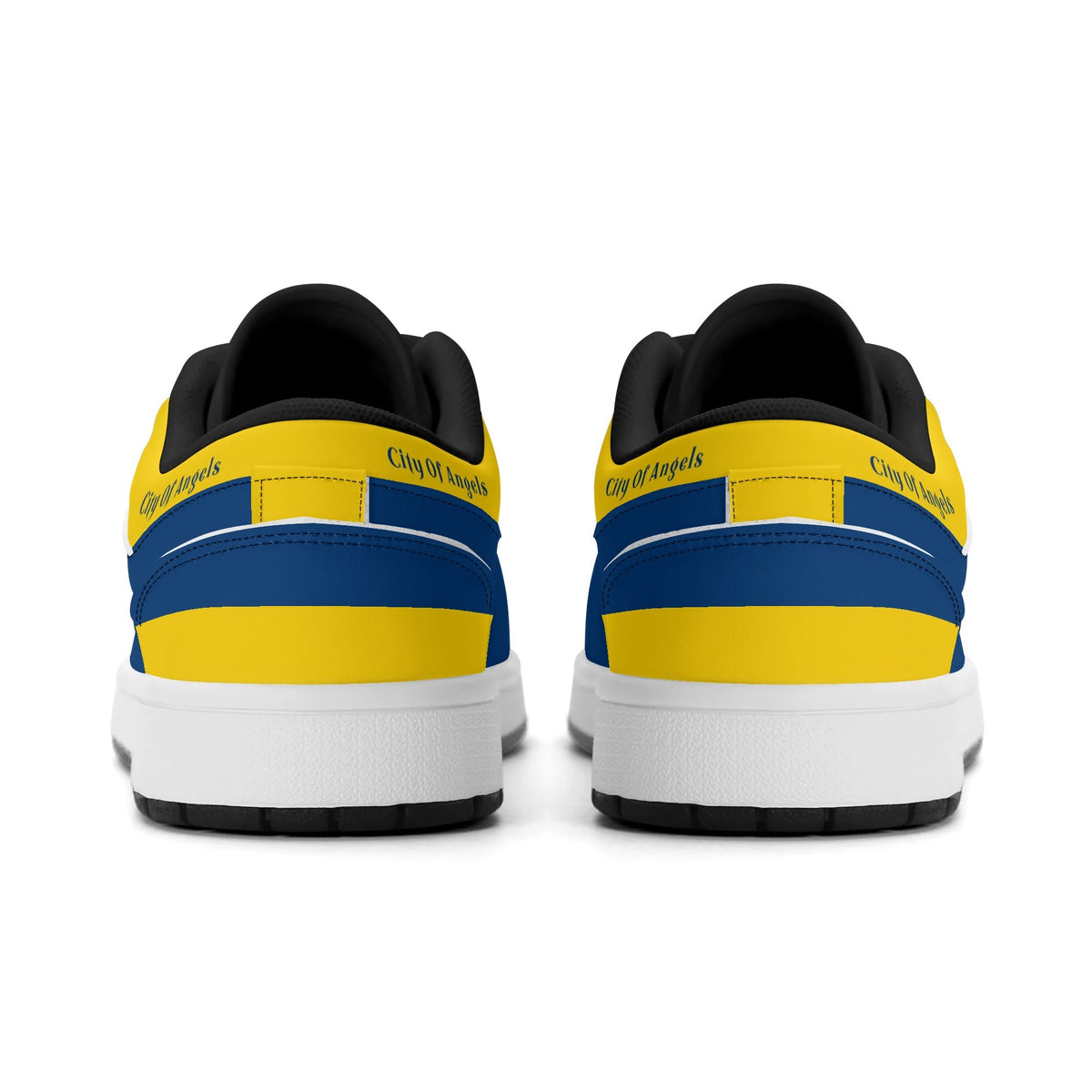 Heel view of Los Angeles football low tops with black lining