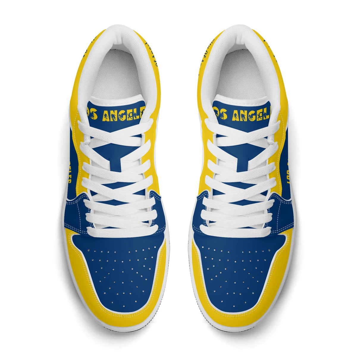 Top view of Los Angeles football low tops with Los Angeles on the tongue and white laces