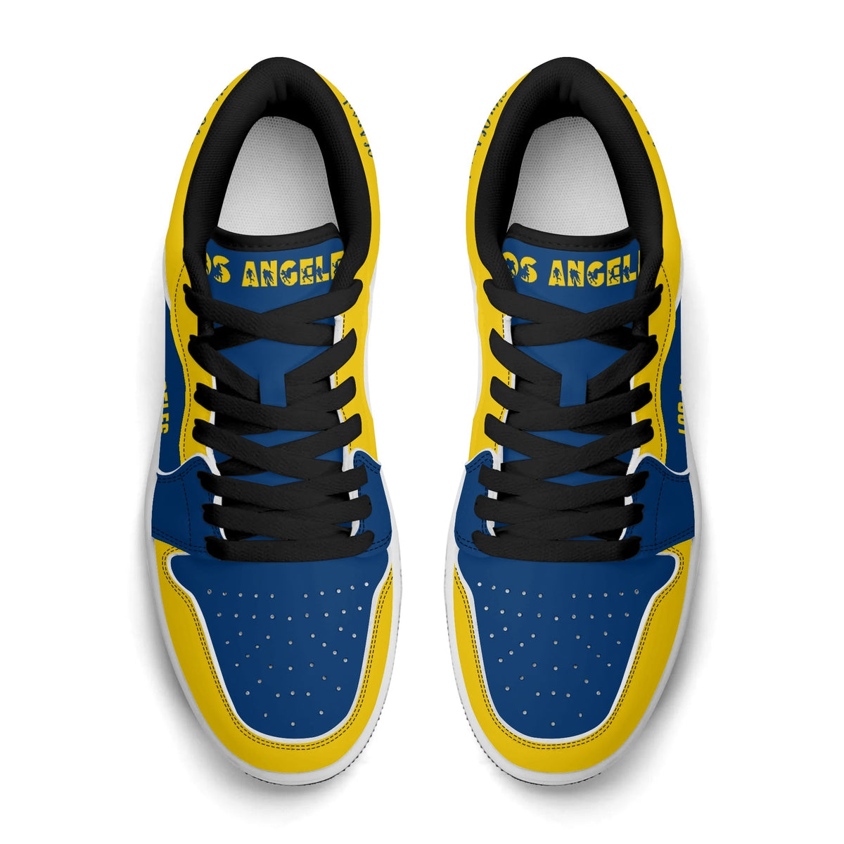 Top view of Los Angeles football low tops with black laces and Los Angeles on the tongue