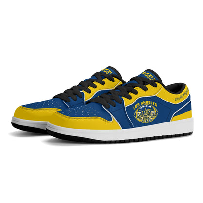 Los Angeles football low tops in royal blue and yellow, three-quarter view with black laces and black lining