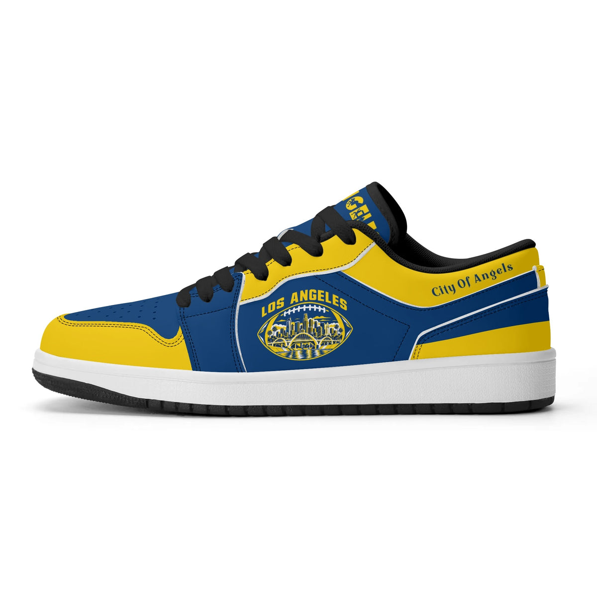 Side view of Los Angeles football low tops with black laces