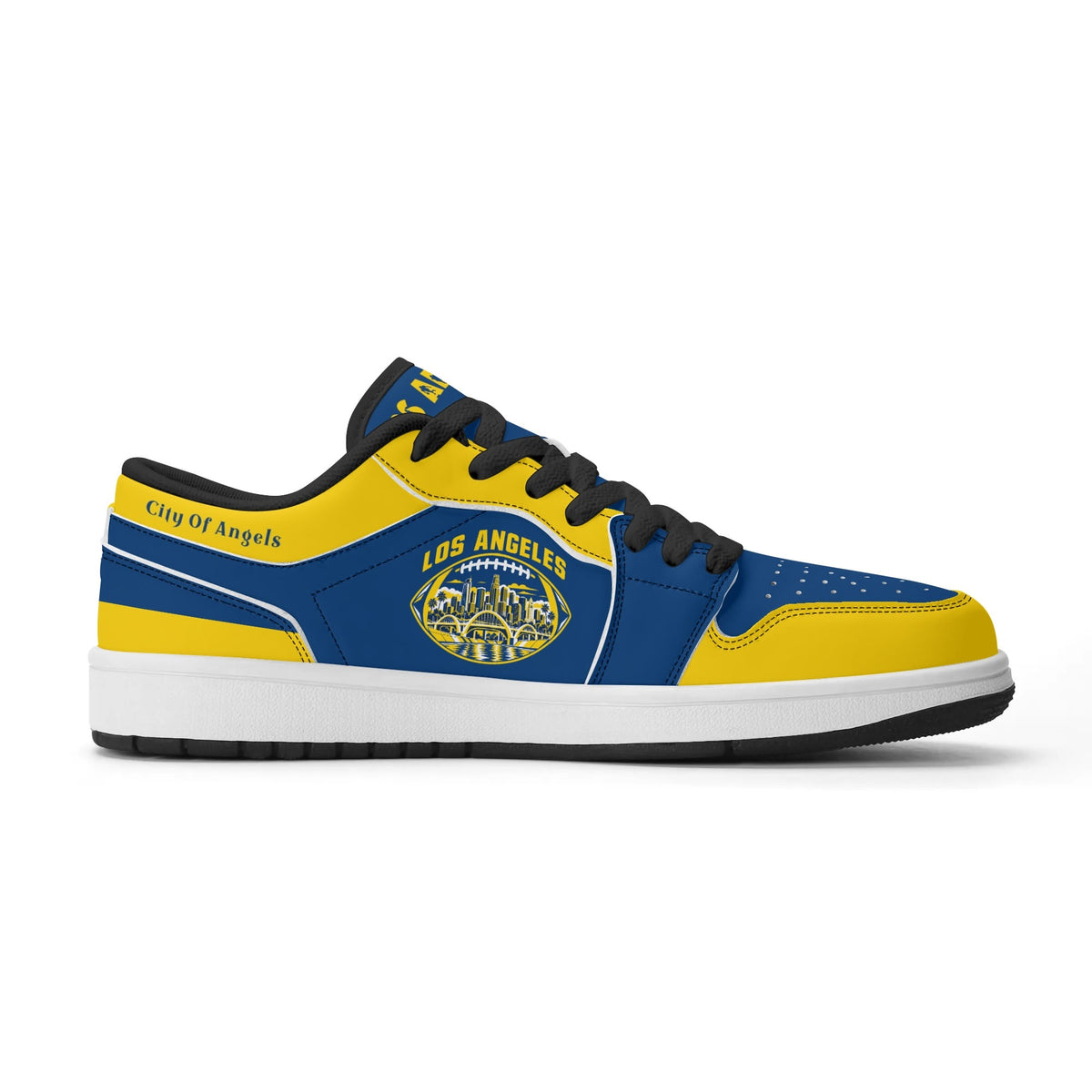 Opposite side of Los Angeles football low tops with black laces and City Of Angels script on the collar
