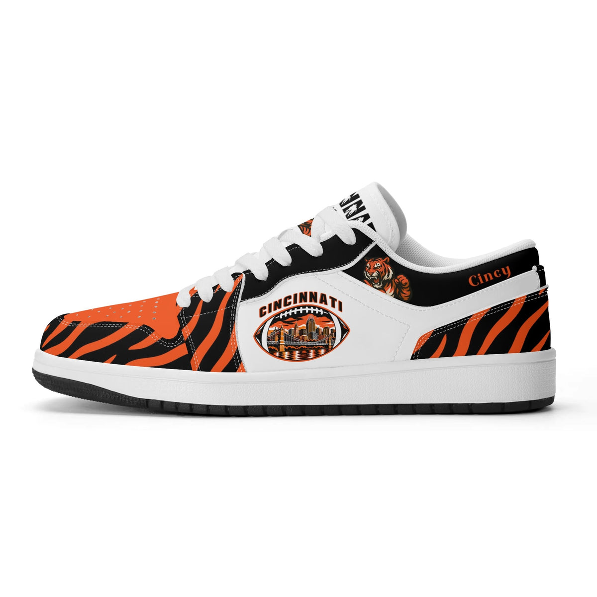 Side view of Cincinnati football low tops with a skyline football badge, white laces