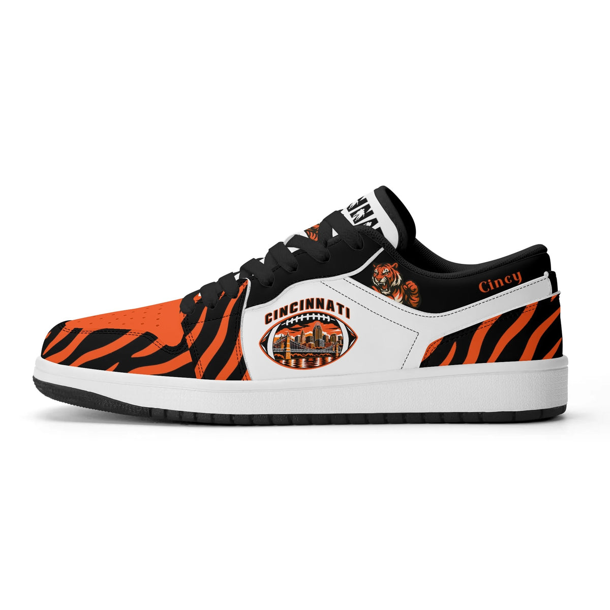 Side view of Cincinnati football low tops with black laces