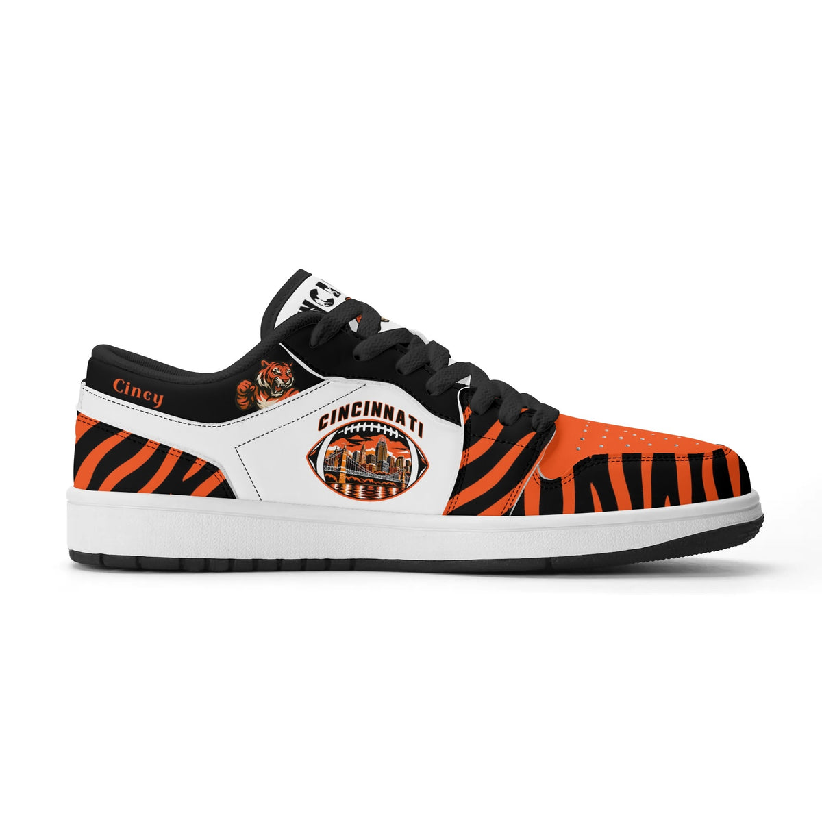 Opposite side of Cincinnati football low tops with black laces and Cincy script on the collar