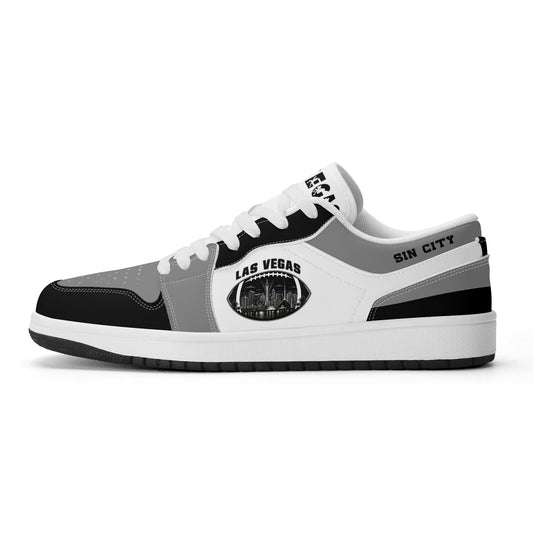 Side view of Las Vegas football low tops with a night skyline football badge, white laces