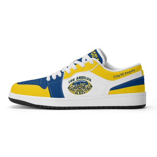 Side view of Los Angeles football low tops with a skyline football badge, white laces