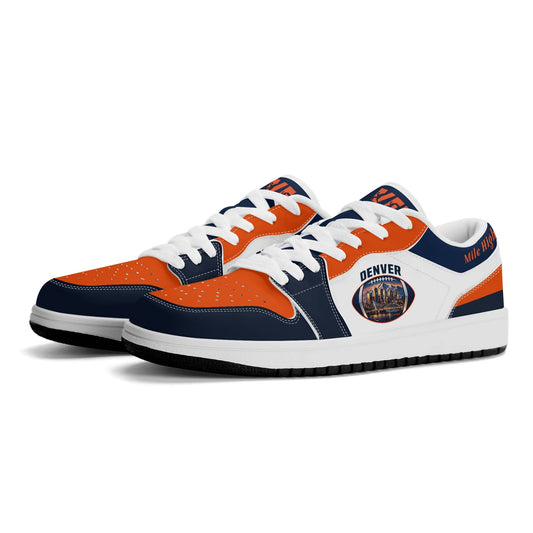 Denver football low tops in white, navy and orange with a skyline football badge, three-quarter view, white laces