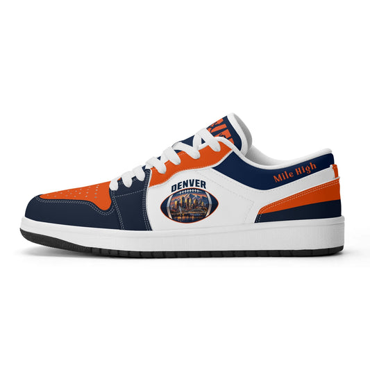 Side view of Denver football low tops with a skyline football badge, white laces