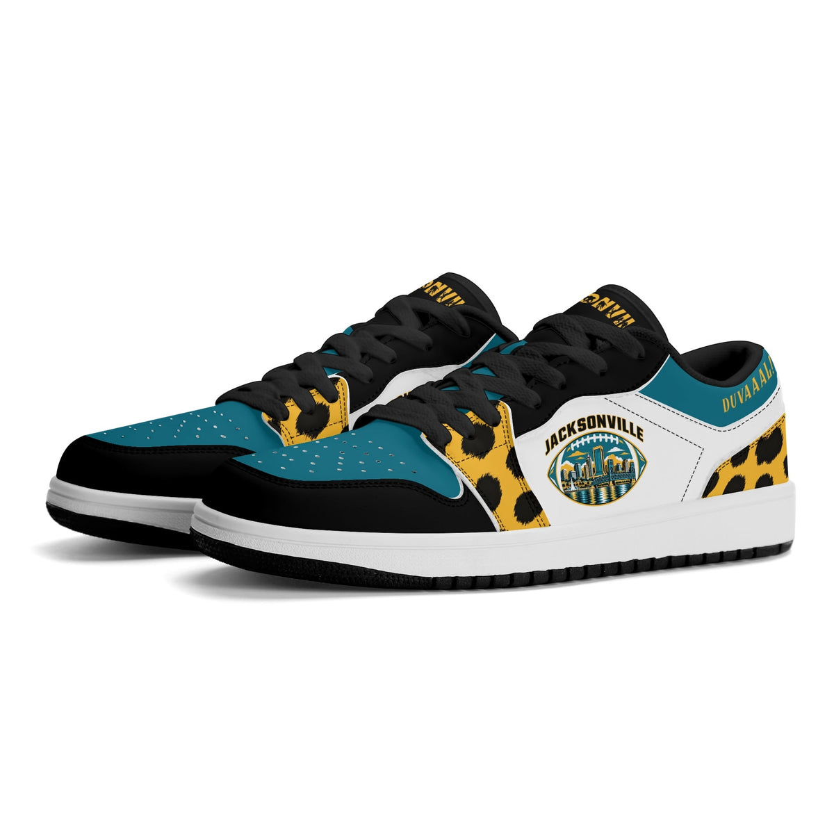 Jacksonville football low tops in white, teal and gold, three-quarter view with black laces and black lining
