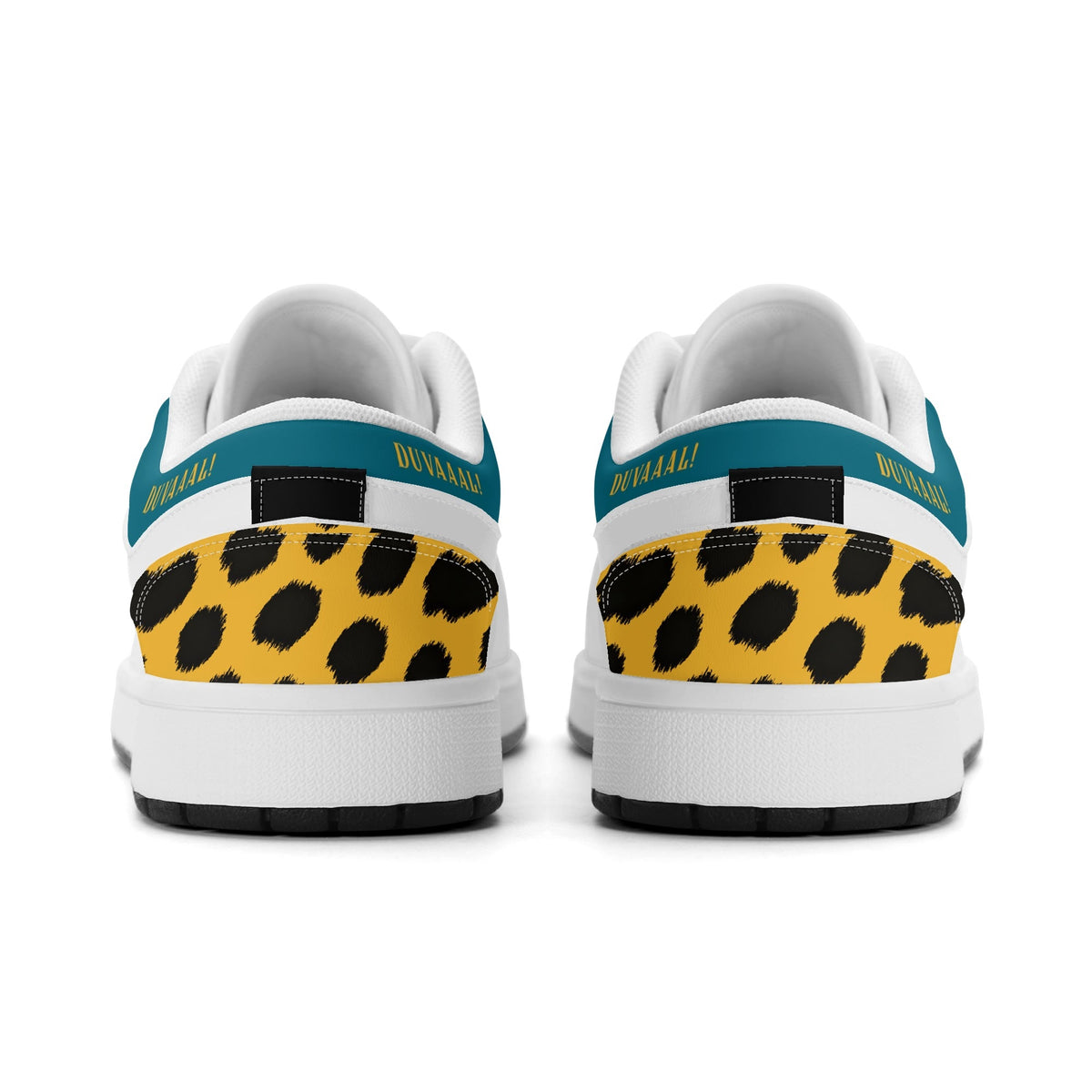 Heel view of Jacksonville football low tops with a gold-and-black spotted heel