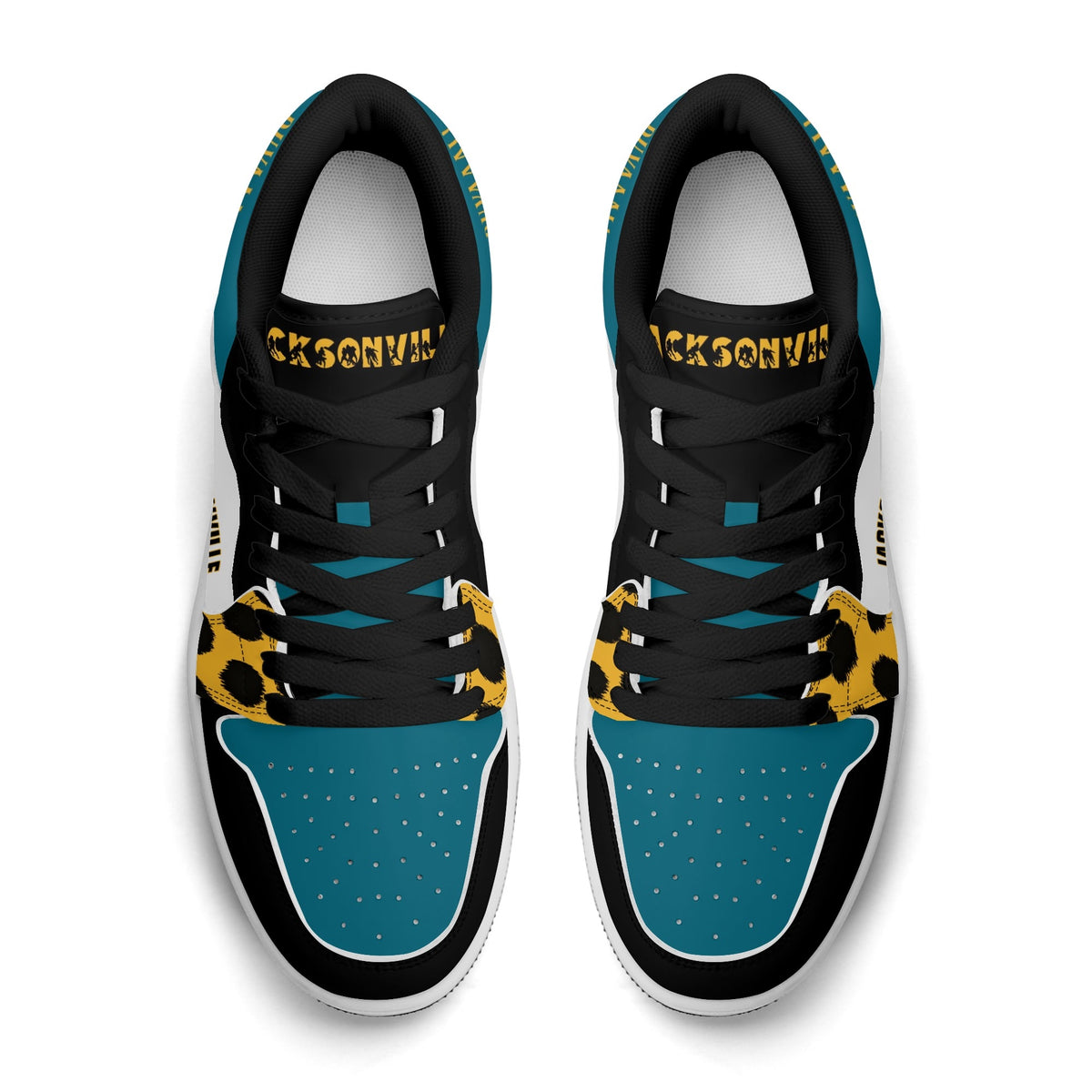 Top view of Jacksonville football low tops with black laces and Jacksonville on the tongue