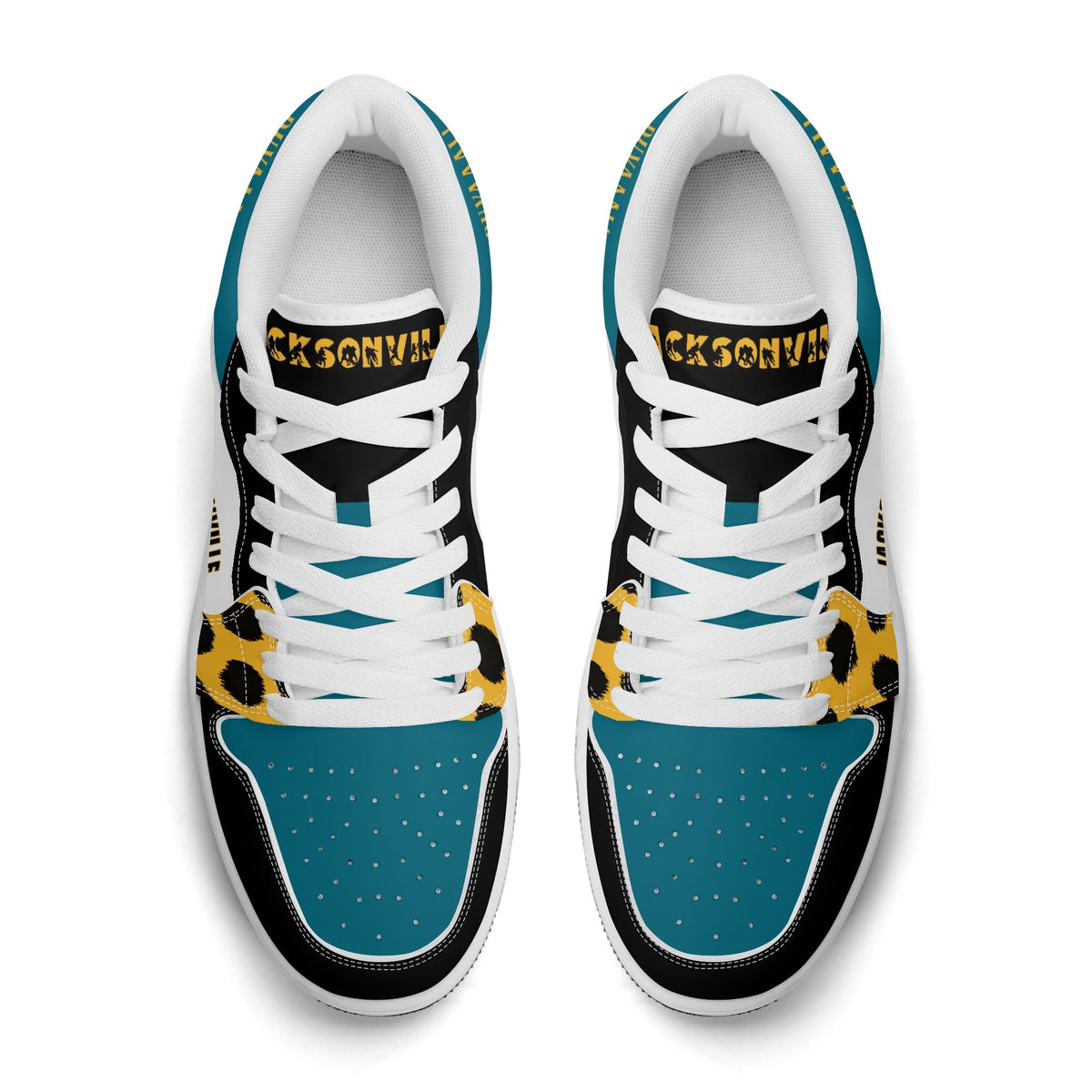 Top view of Jacksonville football low tops with Jacksonville on the tongue and white laces